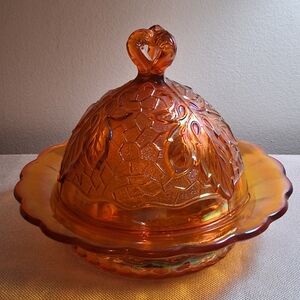 Vtg Moser Carnival Glass Maple Leaf Domed Butter Dish.